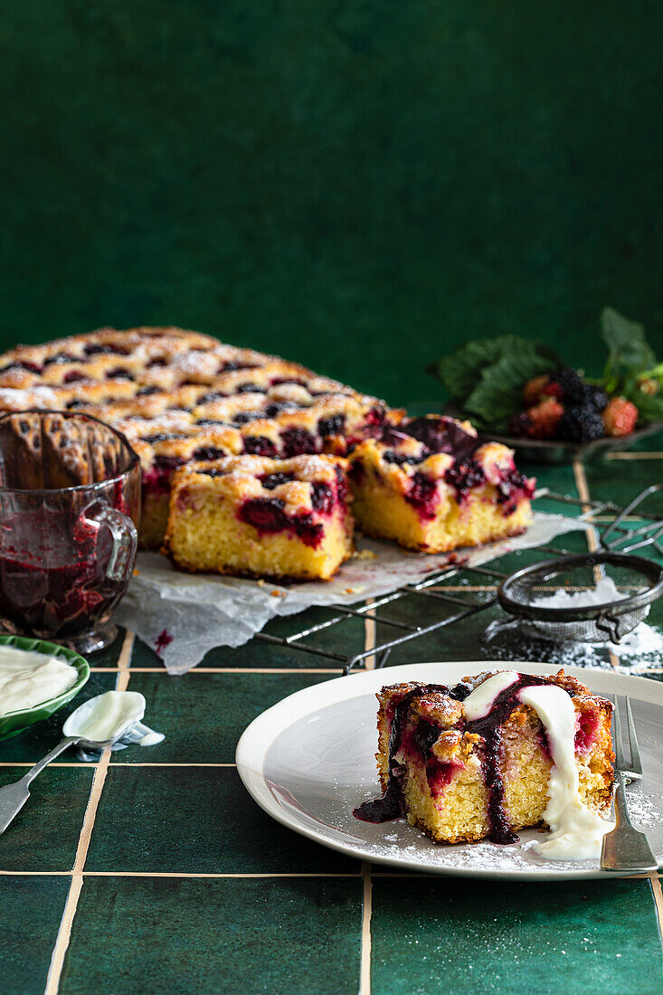 Blackberry coconut cake with blackberry coulis and yogurt