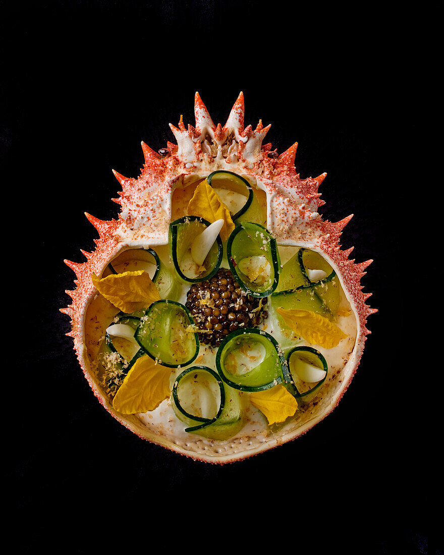 Gurke mit Kaviar in einer Seespinnenschale