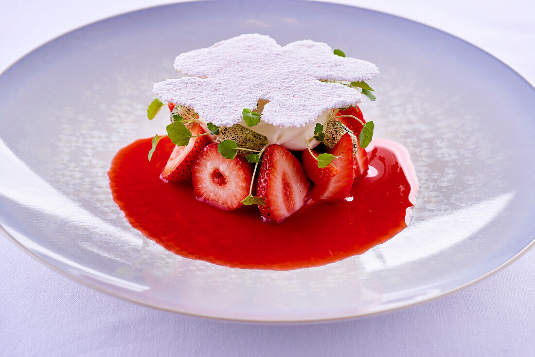 Herb granita with strawberries and coconut 'shamrock