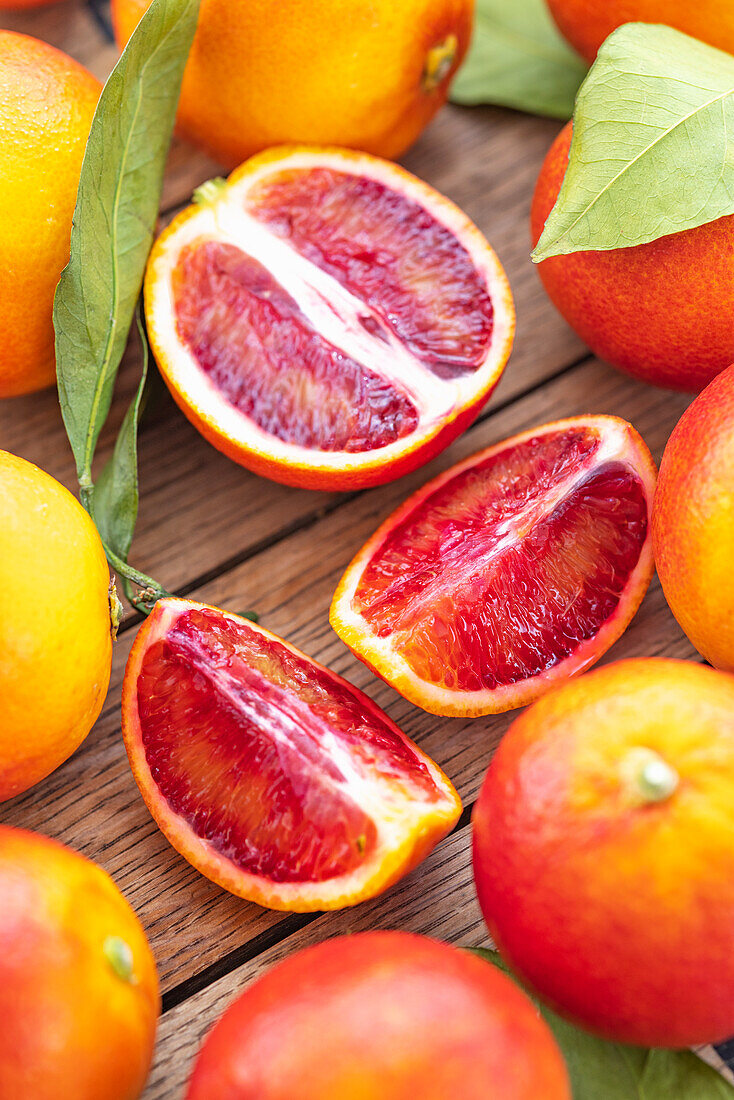 Blood oranges, whole, halved and sliced