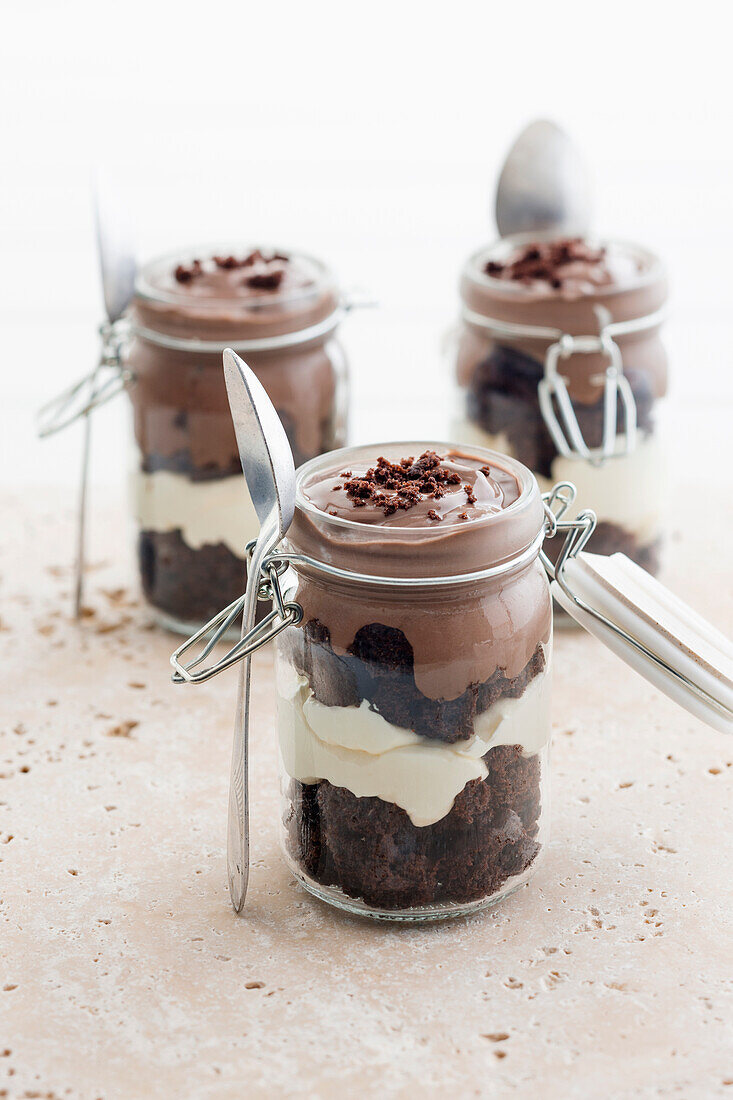 Chocolate brownie trifle in glasses
