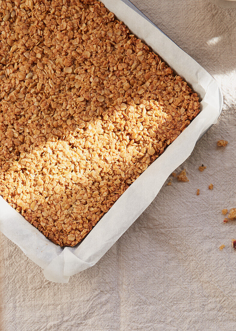 Flapjacks in a baking tin