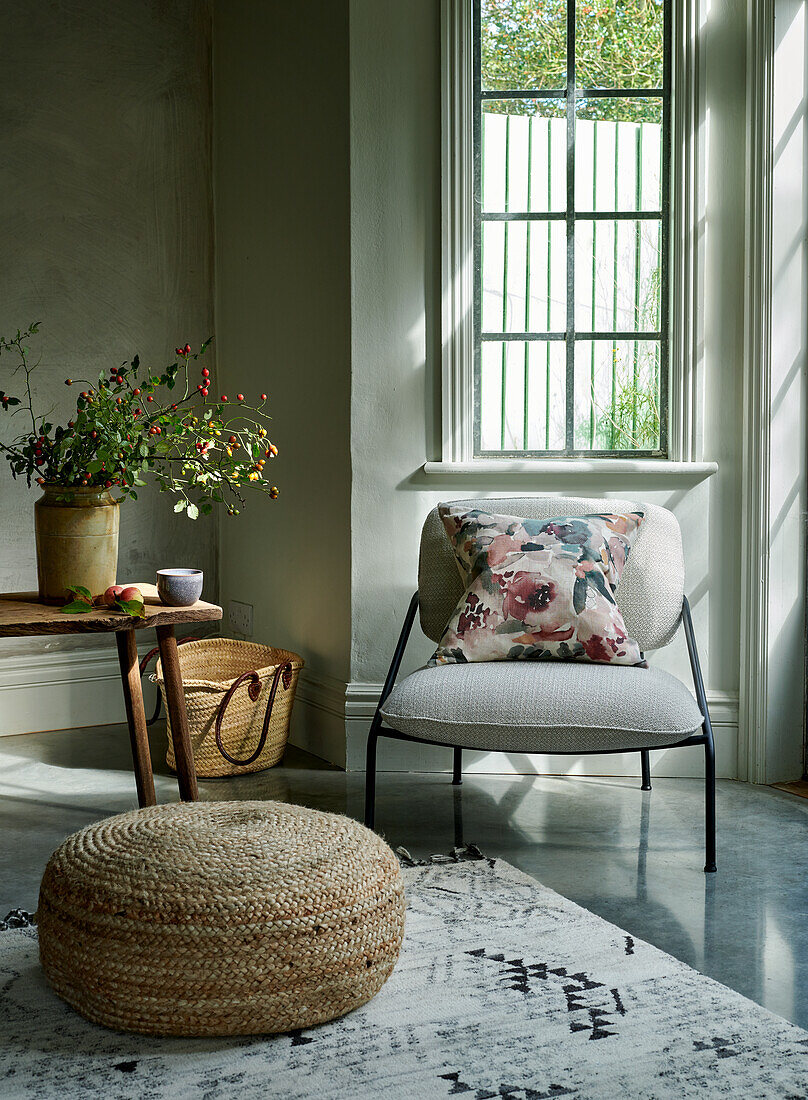 Rustic Interior with Hessian Pouffe and Day-Chair