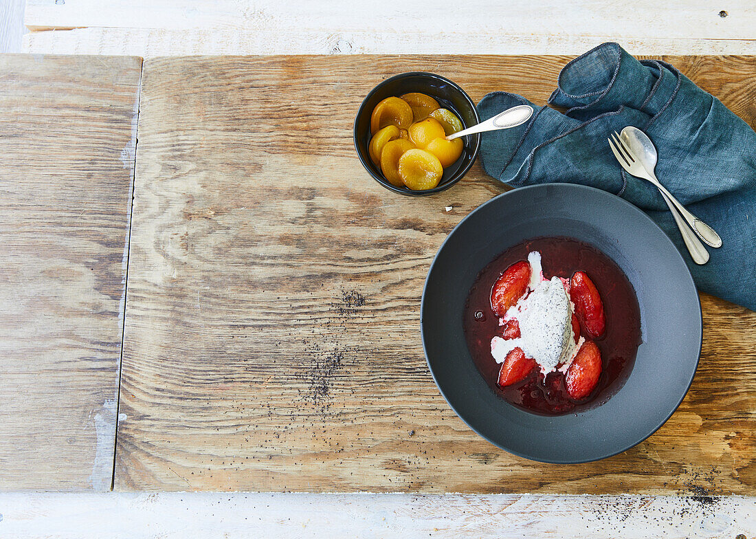 Poppy seed ice cream with strawberry compote