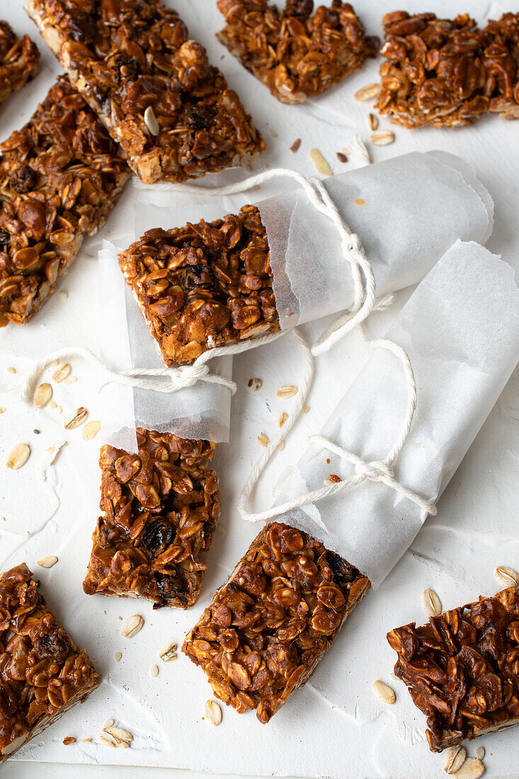 Healthy homemade oatmeal bars with raisins and honey