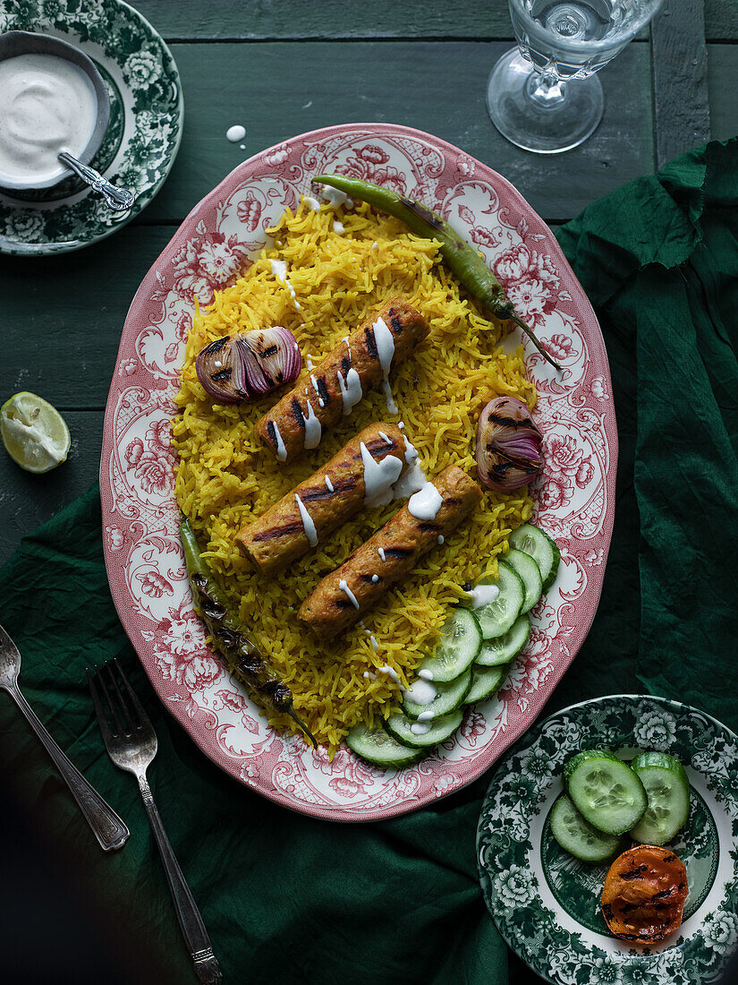 Gegrilltes Hühnchen-Kebab auf Safranreis