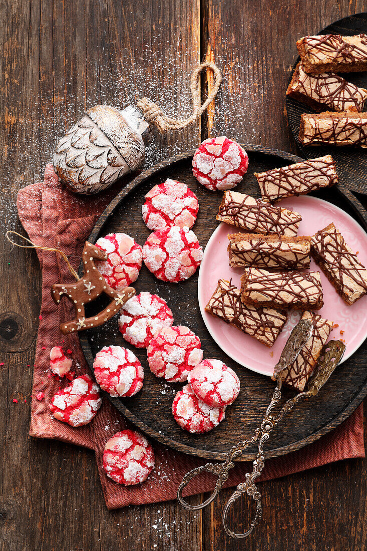Cookies; Raspberry crinkles with dried raspberries, mocha nut sticks