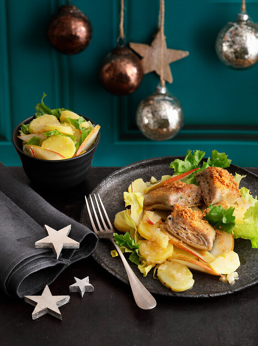 Chestnut pastries with potato and pear salad