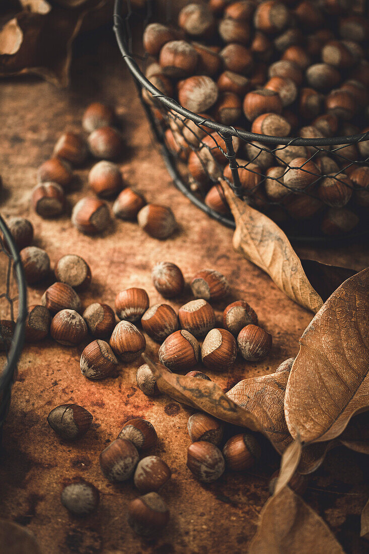 Hazelnuts in a wire basket