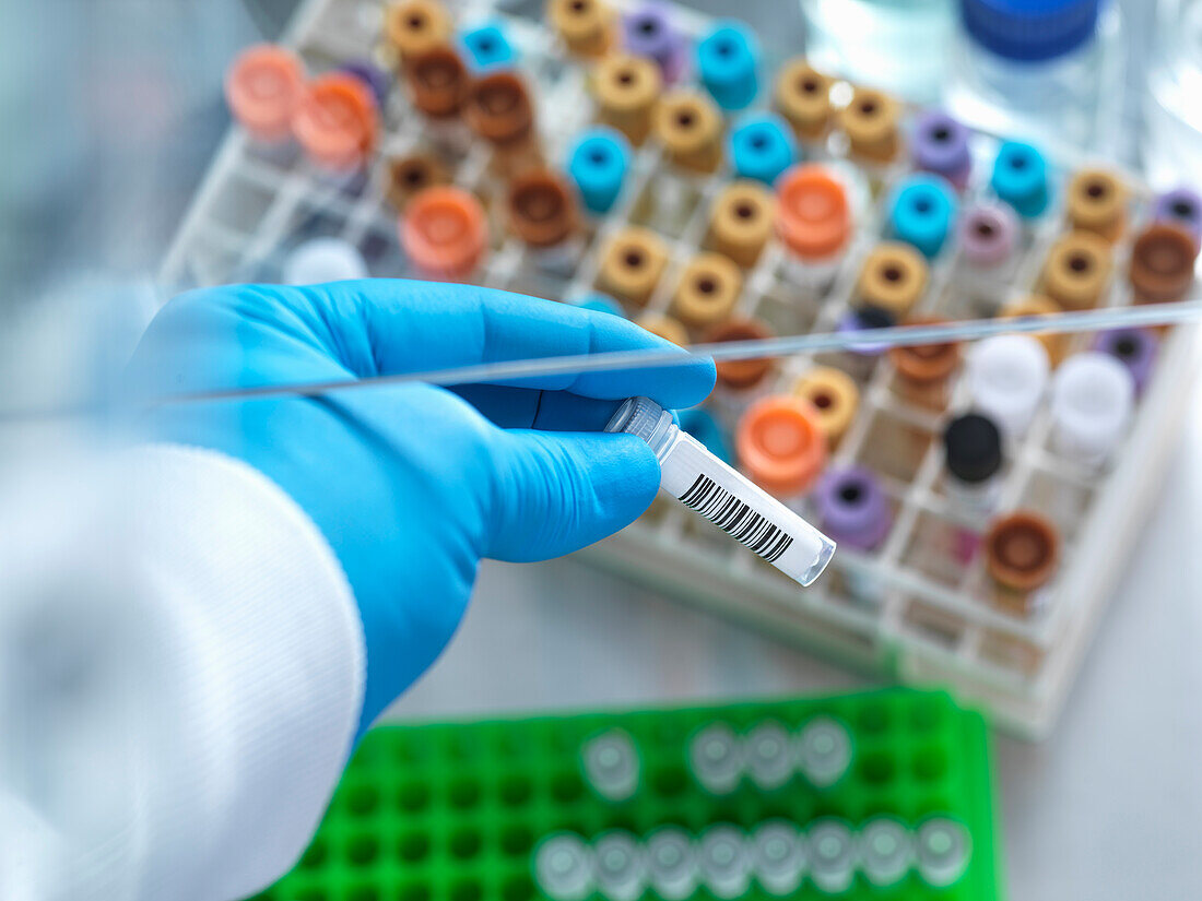 Scientist holding vial, High Wycombe, Buckinghamshire, UK