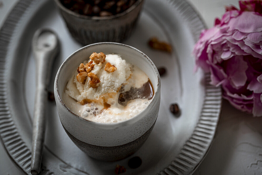 Cafe affogato with caramelised walnuts