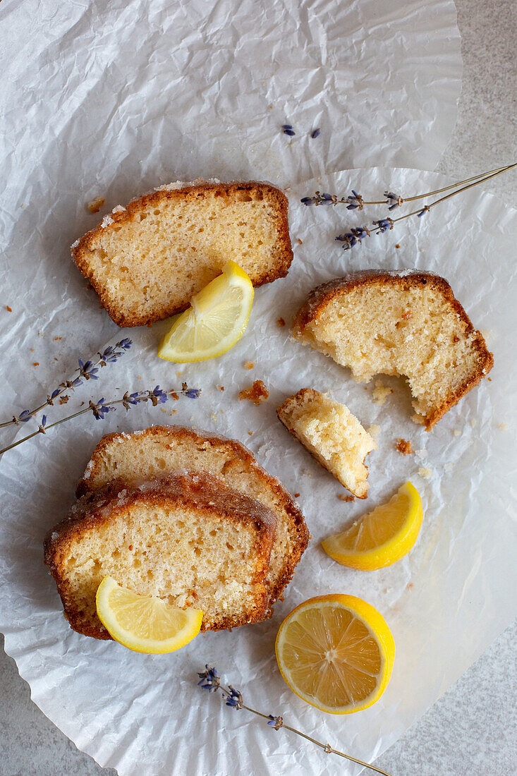 Moist lemon cake with lavender flowers