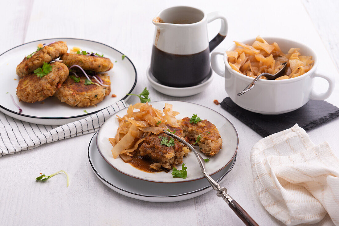 Vegan potato meatballs with Bavarian cabbage