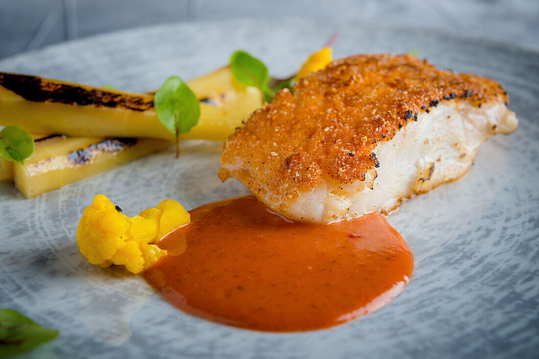 Cod with spicy semolina crust, roasted parsnips, and tomato-tamarind sauce