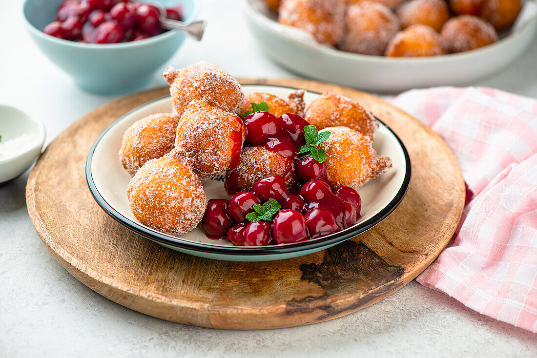 Buttermilk Drop Doughnuts with cherry compote