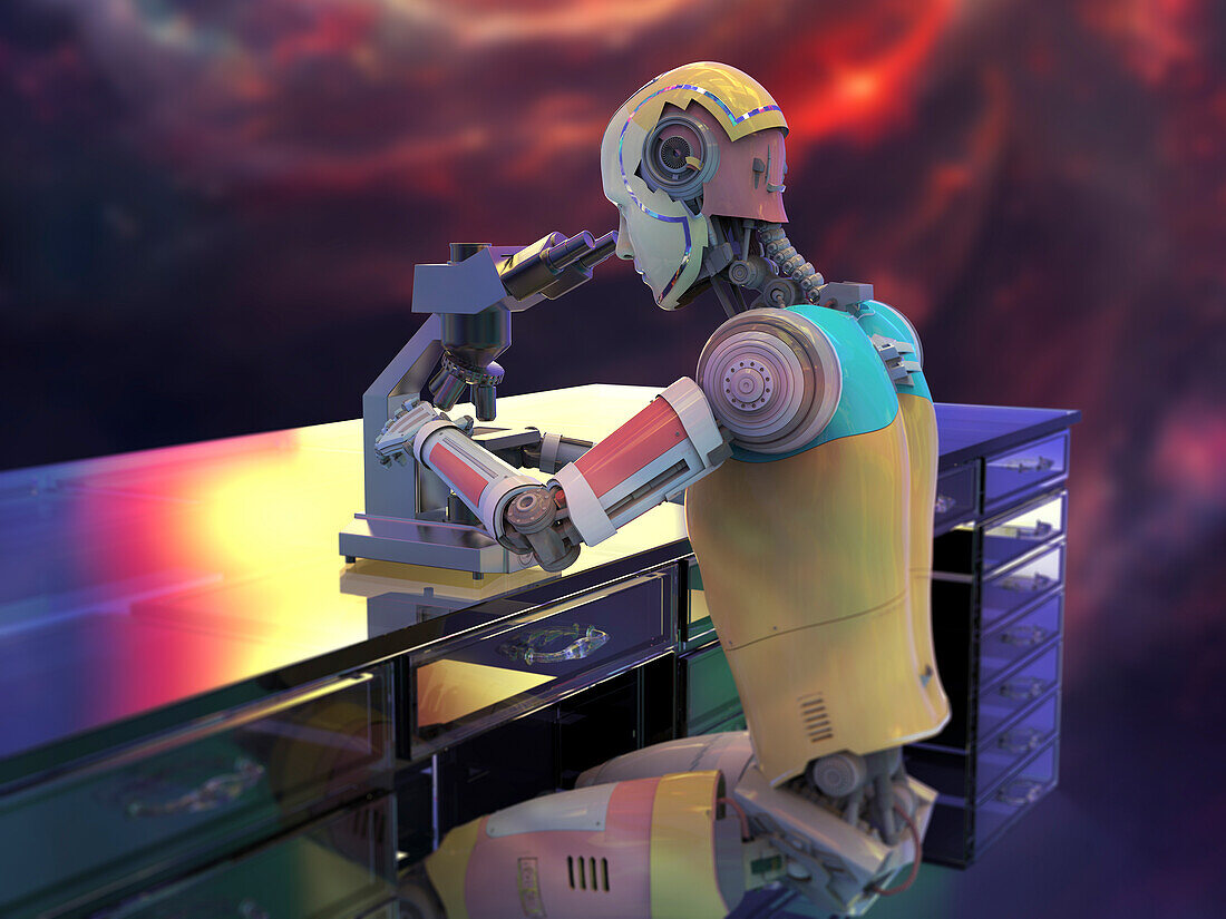 Humanoid robot using a microscope, illustration