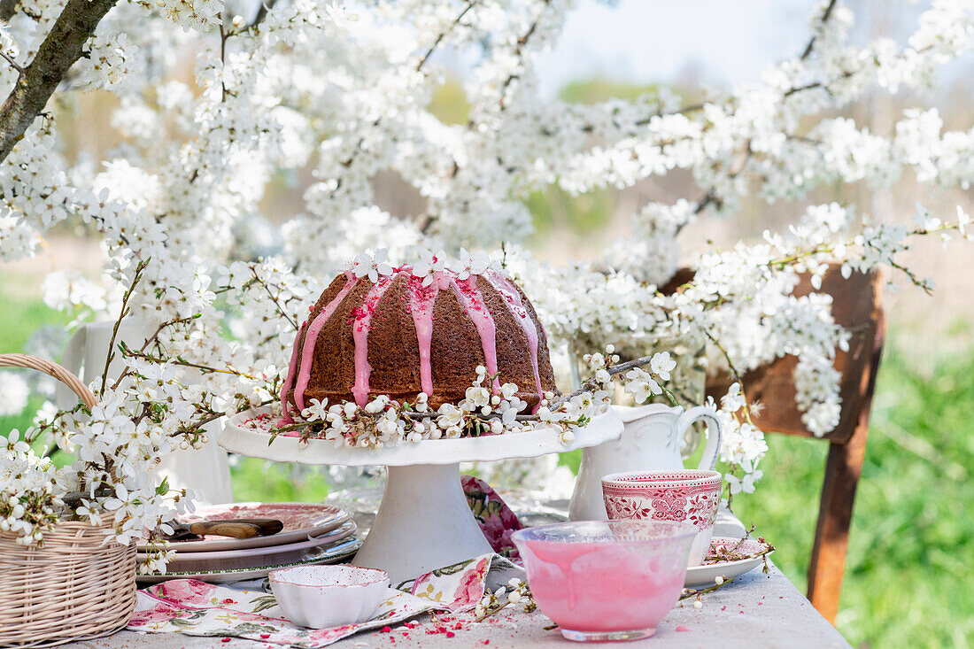 Raspberry and chocolate bundt cake