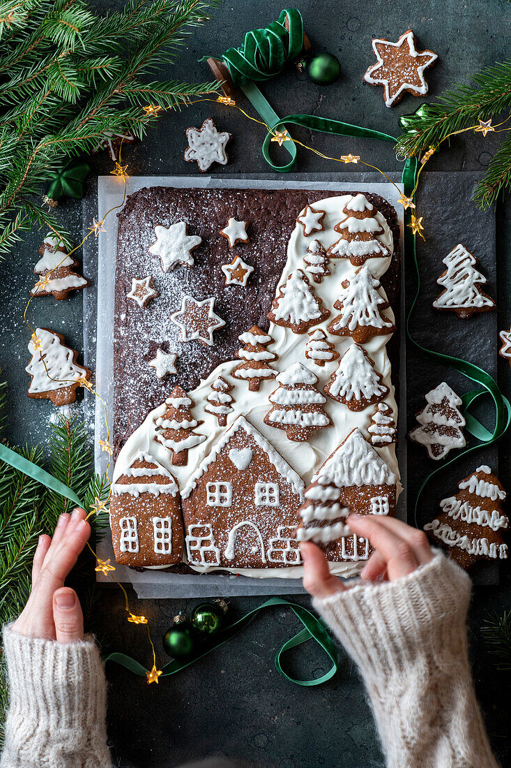 Chocolate cake with gingerbread decoration