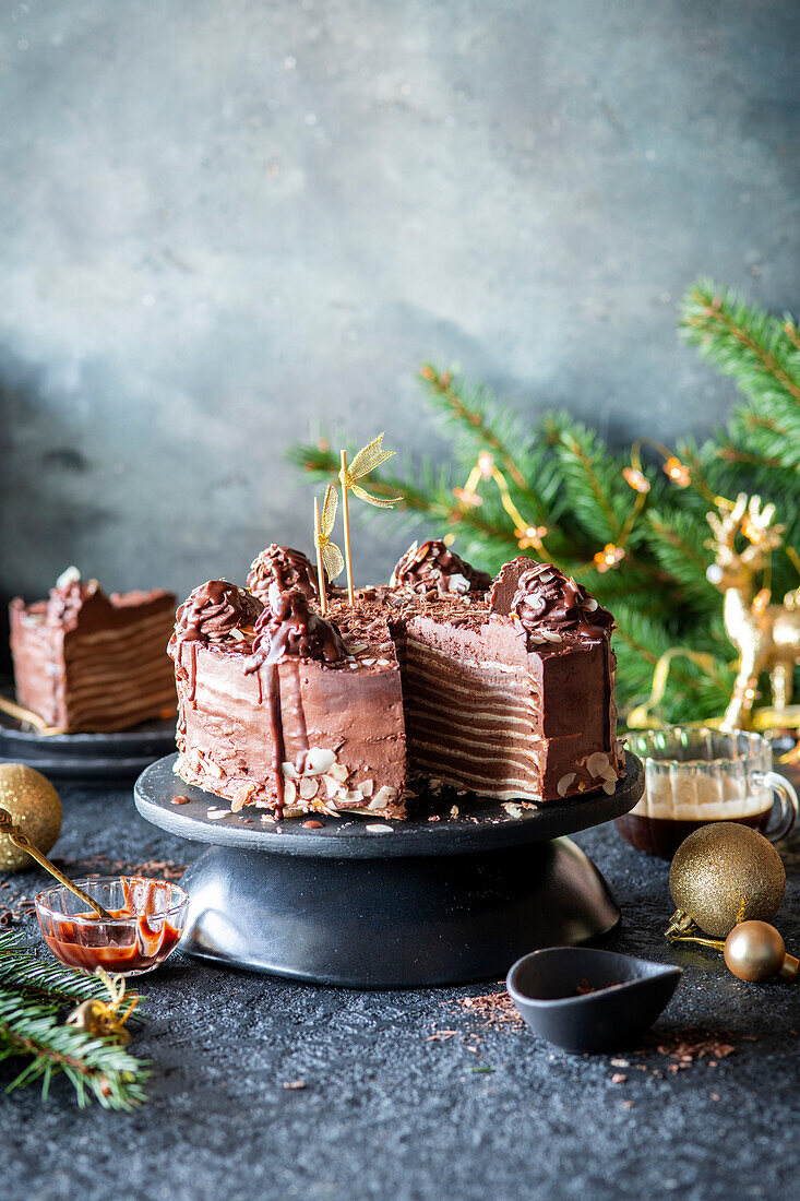 Chocolate crepe cake for Christmas