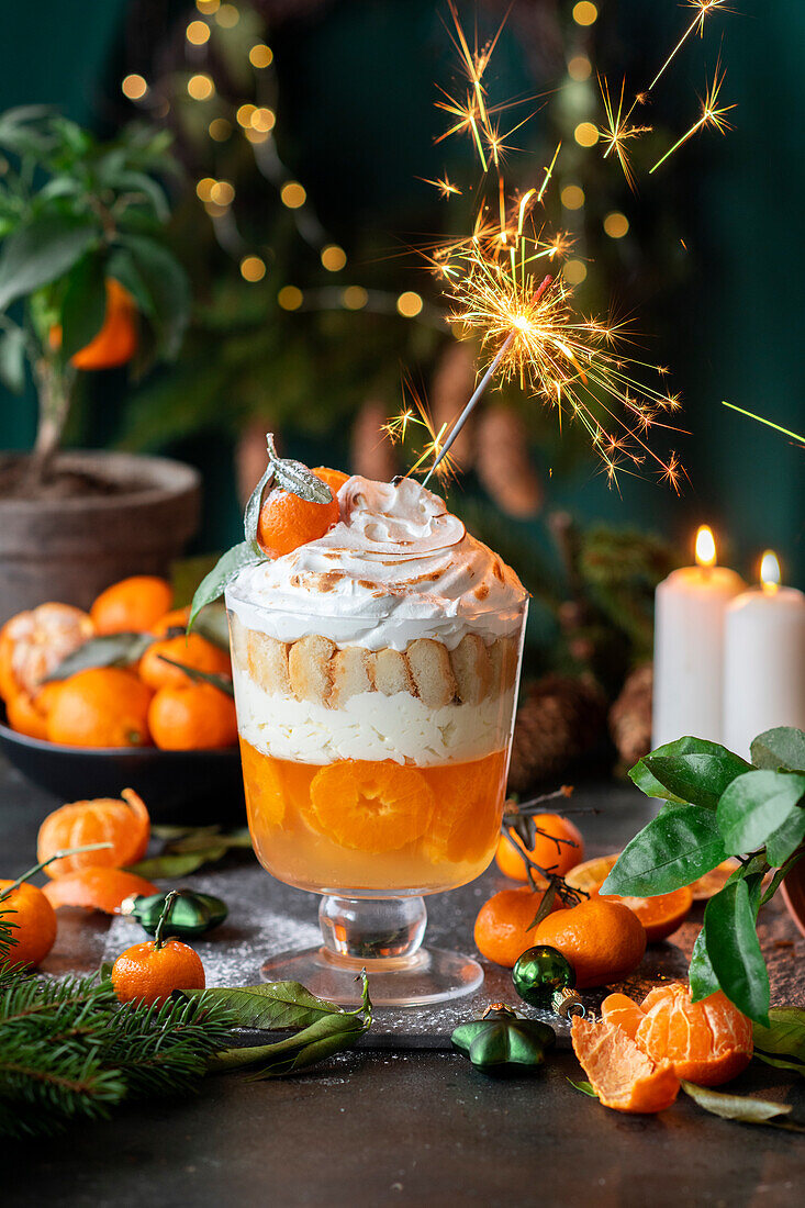 Mandarin trifle with sparkler