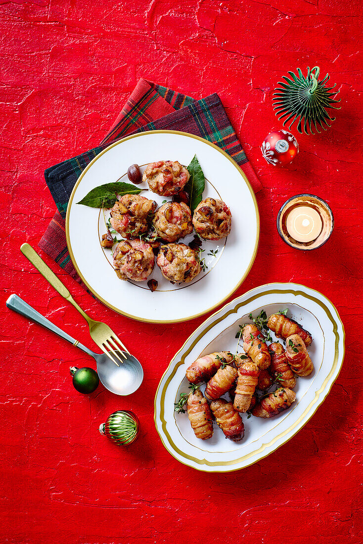 Christmas roast stuffing dumplings and sausages in bacon coat