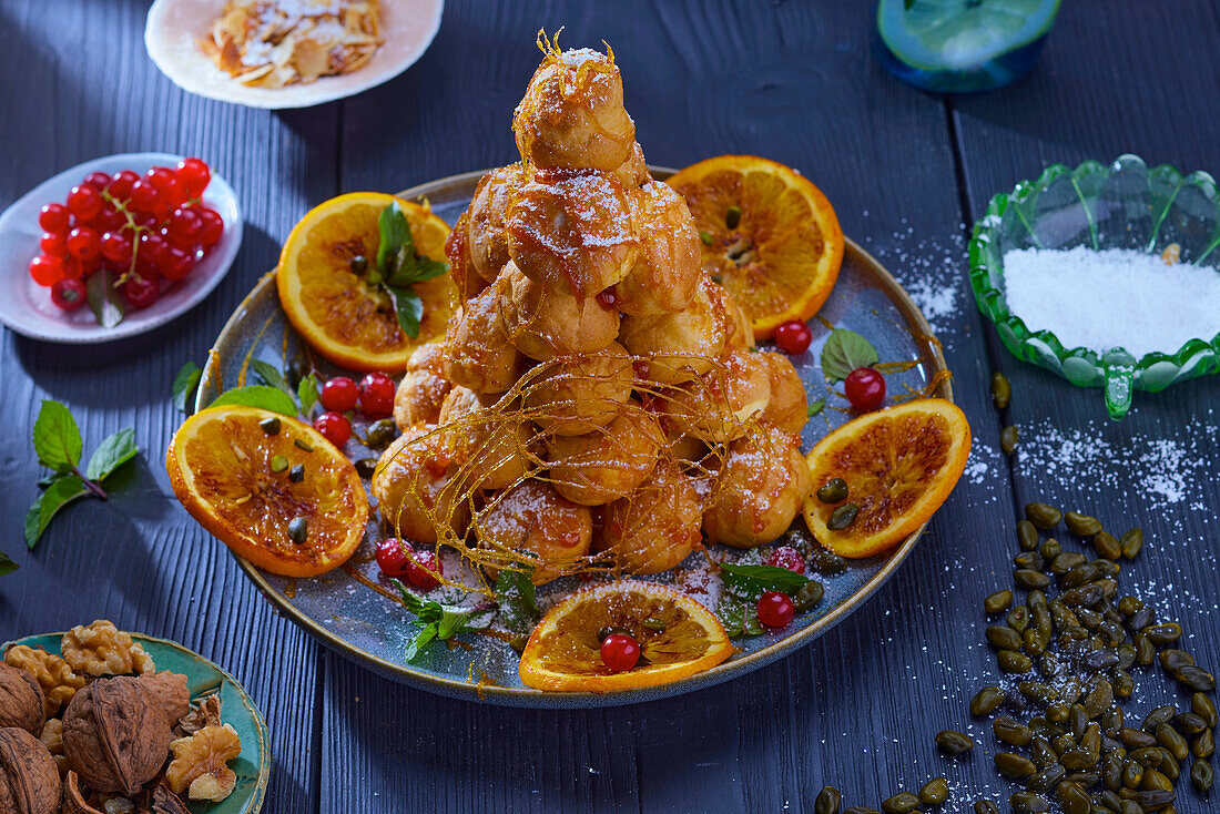 A croquembouche (profiterole cake, France)