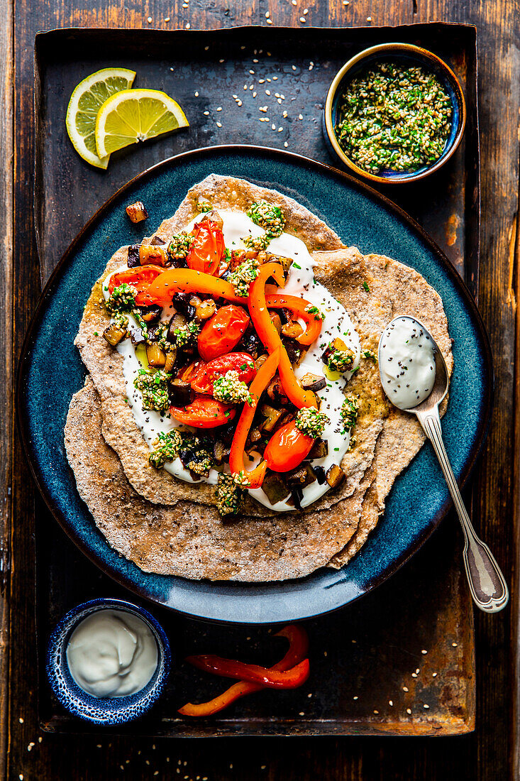 Chia wraps with grilled vegetables and sesame parsley pesto