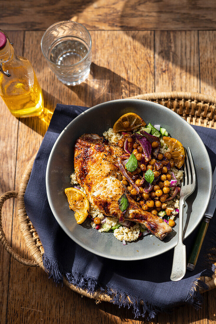 Roast chicken with chickpeas and couscous