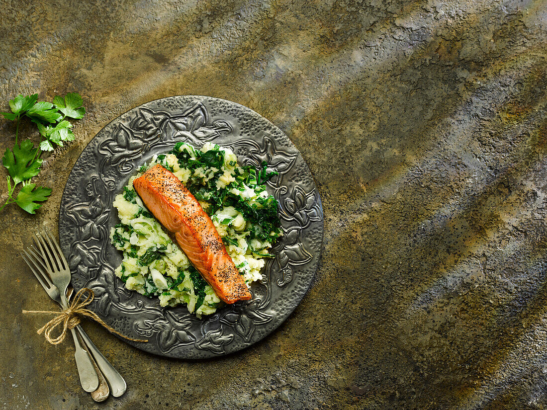 Colcannon (potato, kale and Irish stew) with grilled salmon