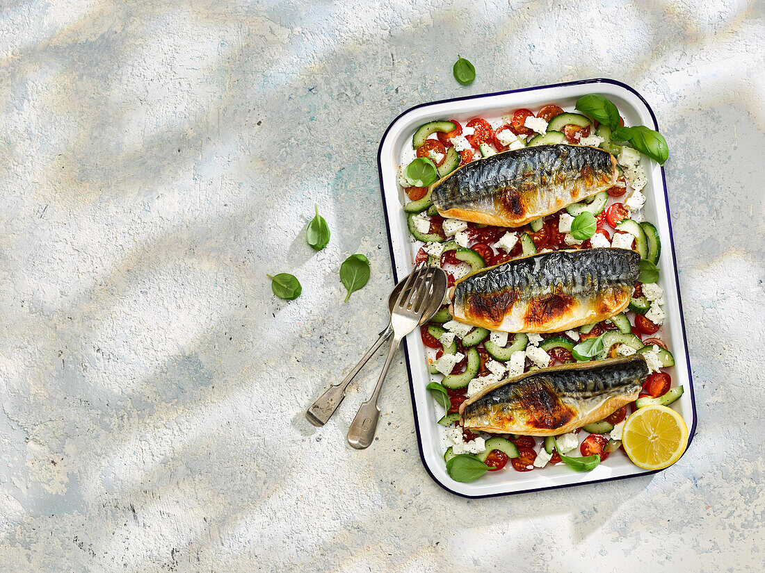 Fried mackerel with feta, tomatoes, and cucumber