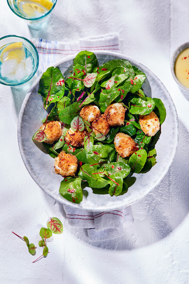 Roter Mangoldsalat mit gebratenem Mini-Mozzarella