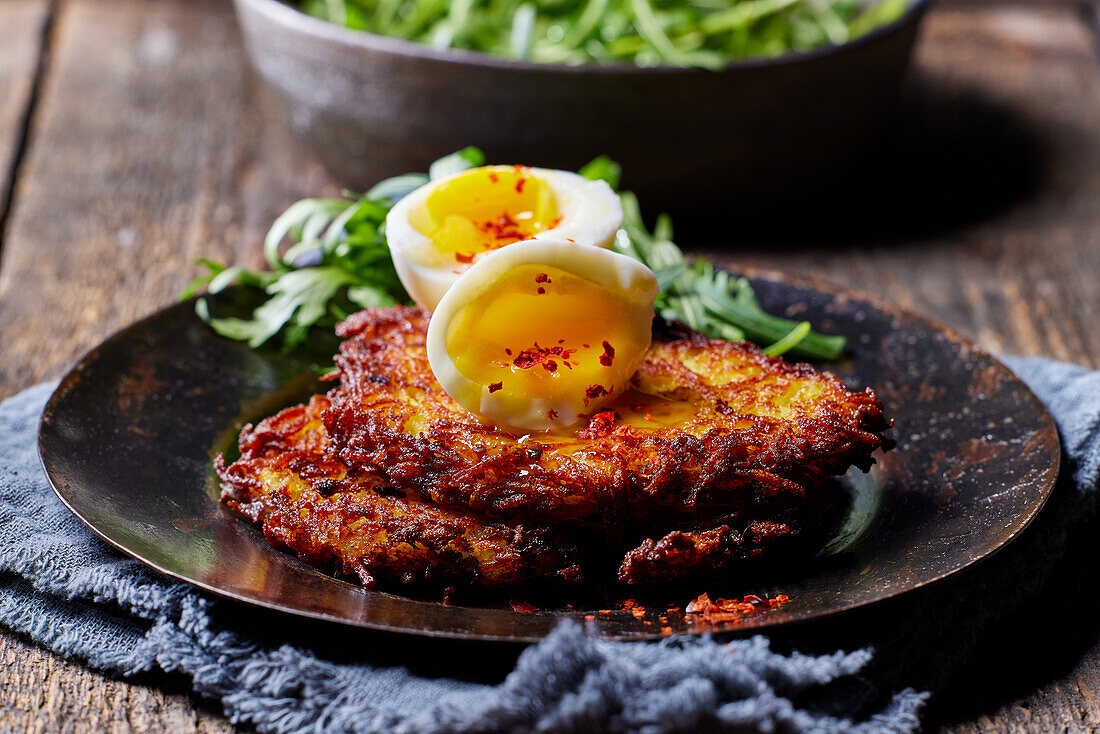 Potato pancakes with egg and rocket salad