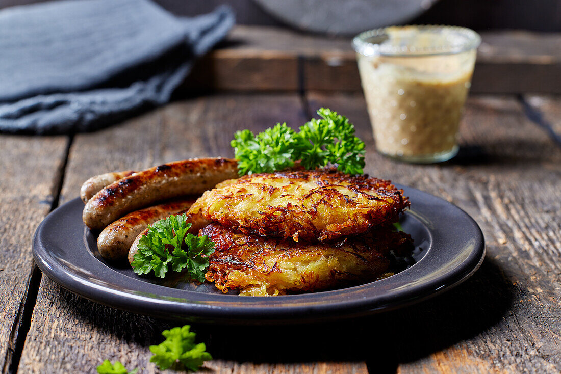 Sauerkraut-Kartofell-Puffer mit Nürnberger Rostbratwurst