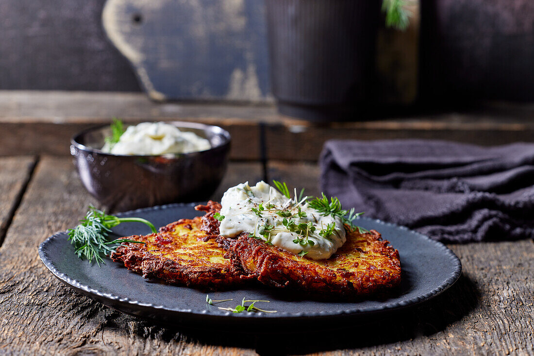 Bacon and potato pancakes with herb curd cheese