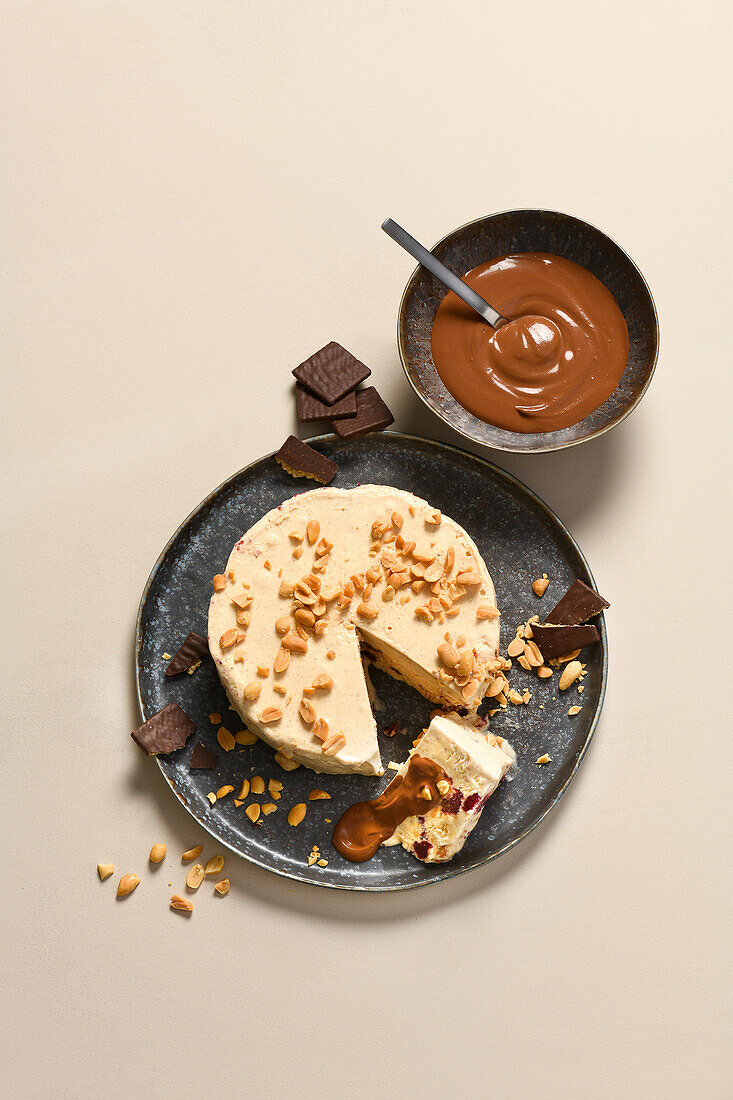 Cranberry Peanut Ice Cream Cake with Chocolate Sauce