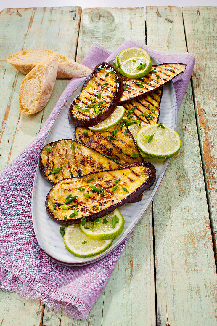 Grilled eggplants with pickled limes