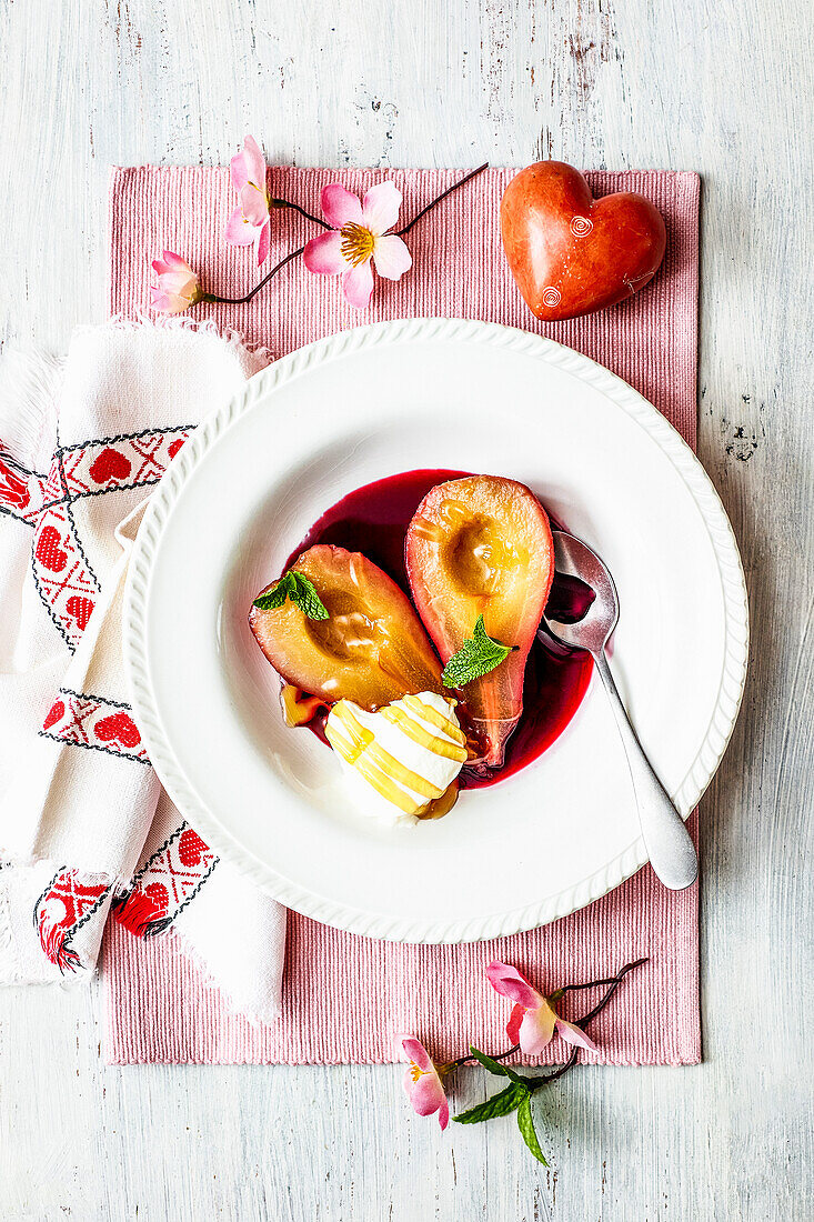 Poached red wine pears with vanilla cream