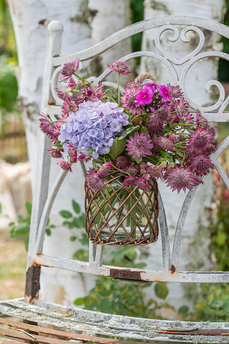 Strauß aus Sterndolde, Hortensien und Phlox in Vase aufgehängt an Gartenstuhl