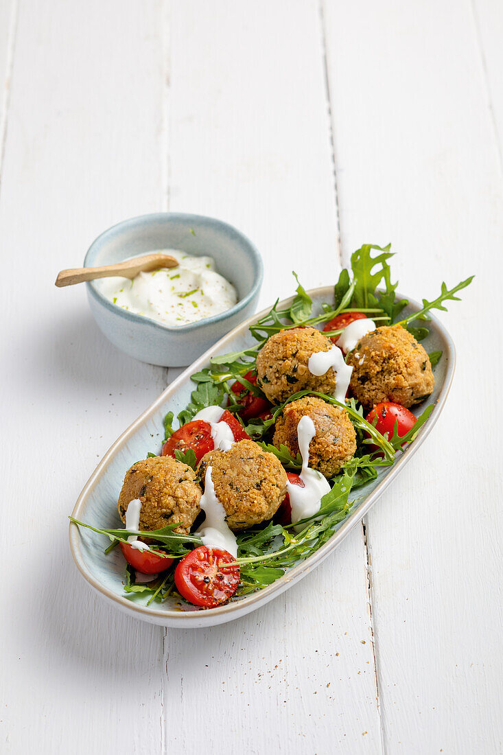 Falafel made with oats and served with a lime-soy dipping sauce