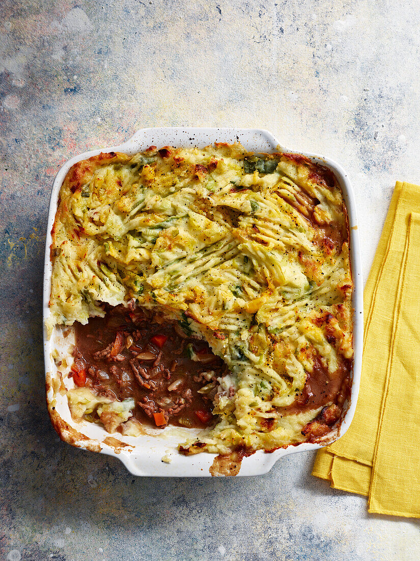 Beef pie with leek and potato crust