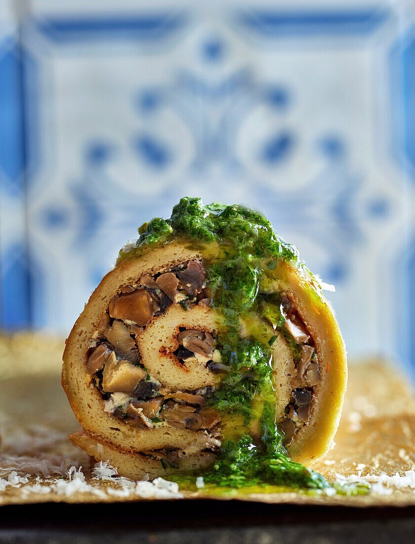 Soy mushroom roulade with green sauce