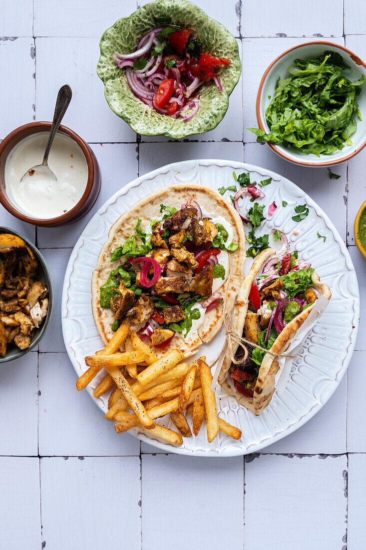 Air Fryer Chicken Sharwama mit Pita und Pommes frites