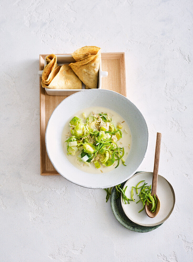 Brussels sprout soup with savory mushroom pancakes