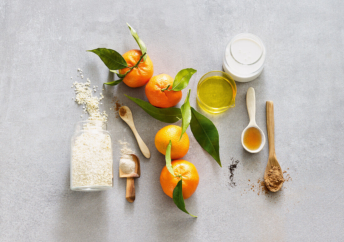 Ingredients for vegan mandarin jelly with millet and cinnamon crumble