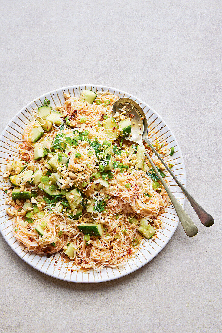 Spicy rice noodle and cucumber salad