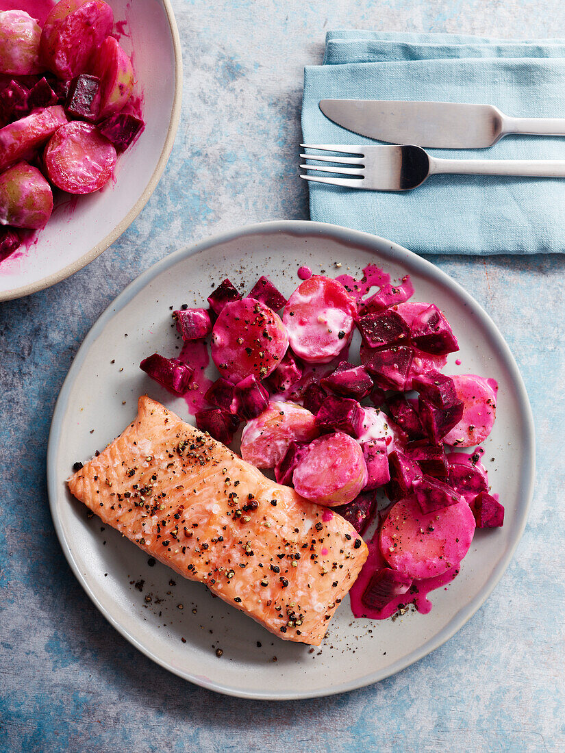 Salmon with potato and beet salad