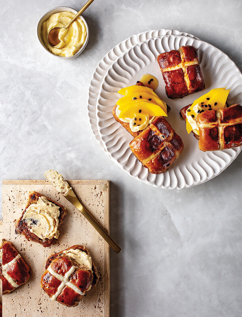 Hot Cross Buns with Rum, Raisins and Butter, Hot Cross Bun French Toast with Mango