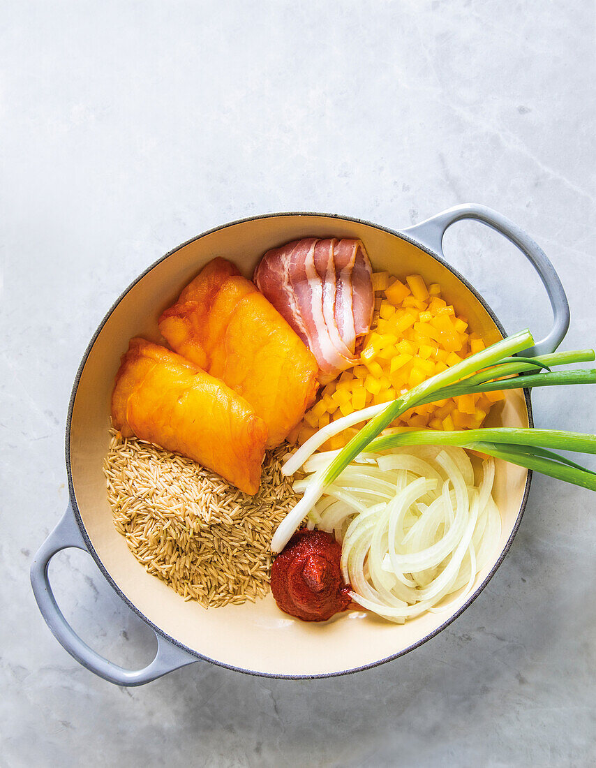 Ingredients for tomato haddock rice