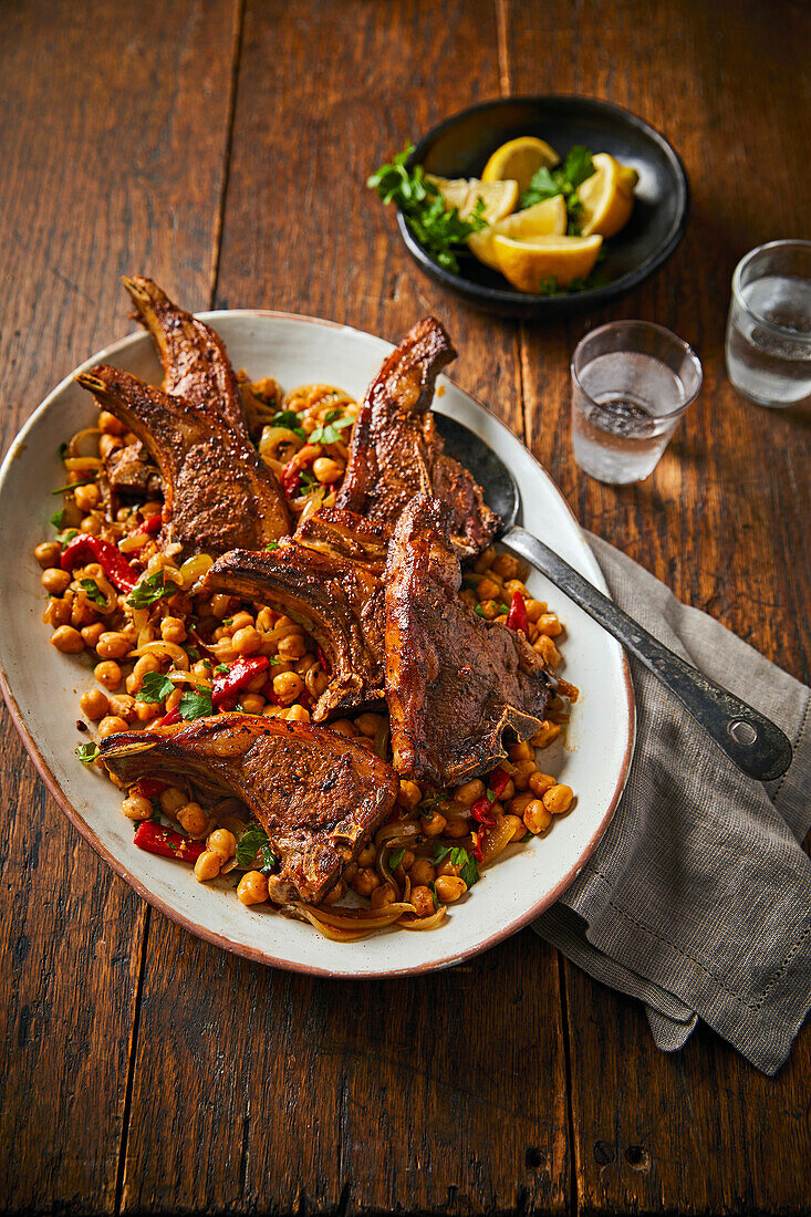 Cumin and paprika mutton chops with chickpeas