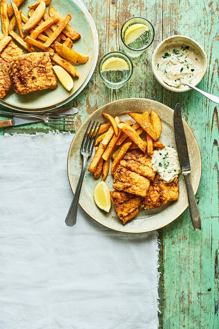 Fish with chips and tahini tartar sauce (Syria)